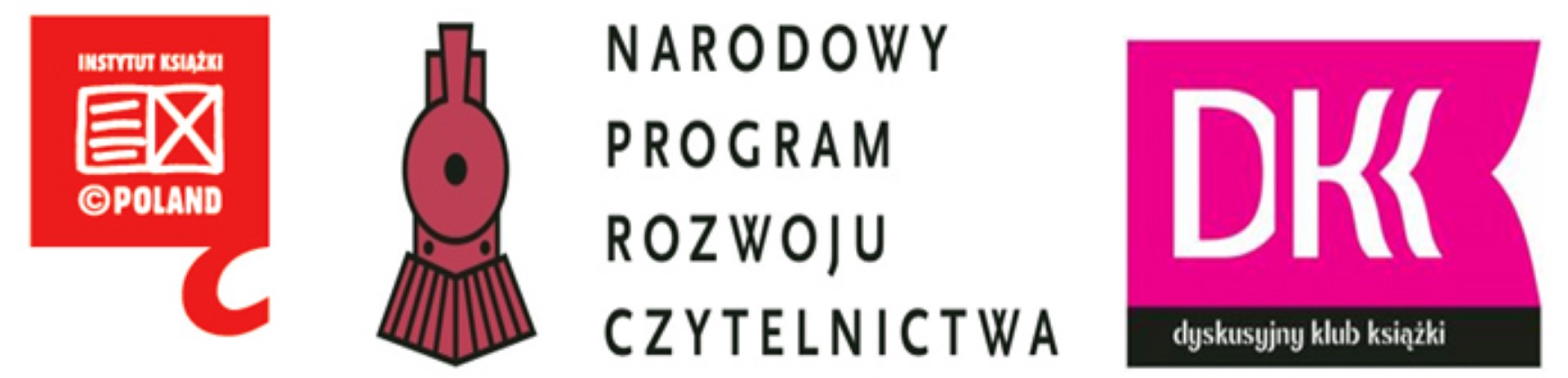 Grafika. 3 logotypy: Instytut Książki, Narodowy Program Rozwoju Czytelnictwa, Dyskusyjny Klub Książki.