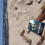 Książka leży na piaszczystej plaży. W oddali widać morze.