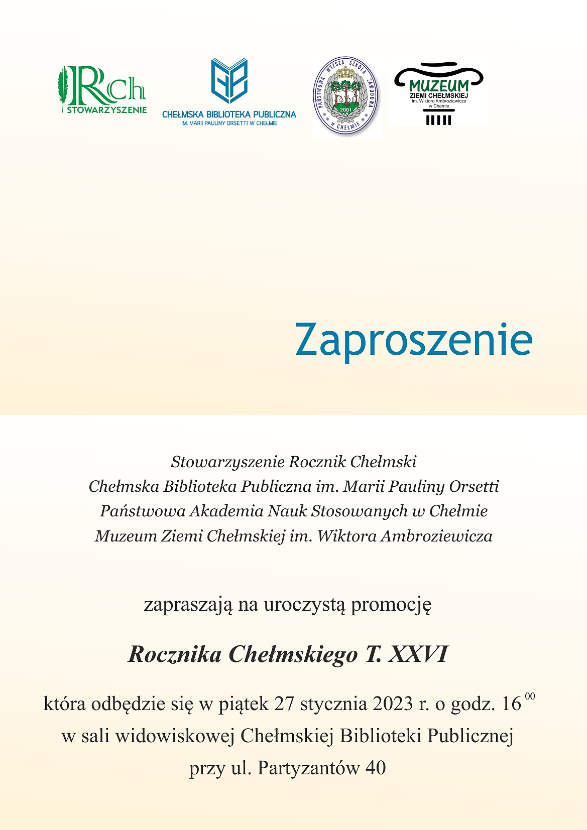 Zaproszenie na uroczystą promocję Rocznika Chełmskiego T. XXVI