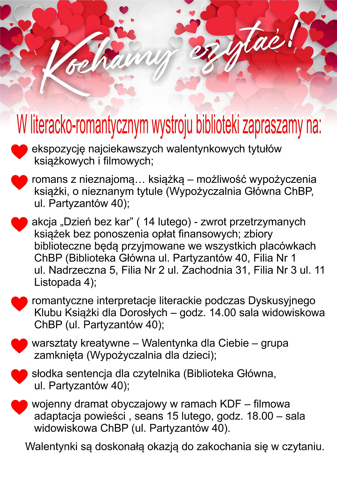 Plakat promujący Walentynki w Bibliotece