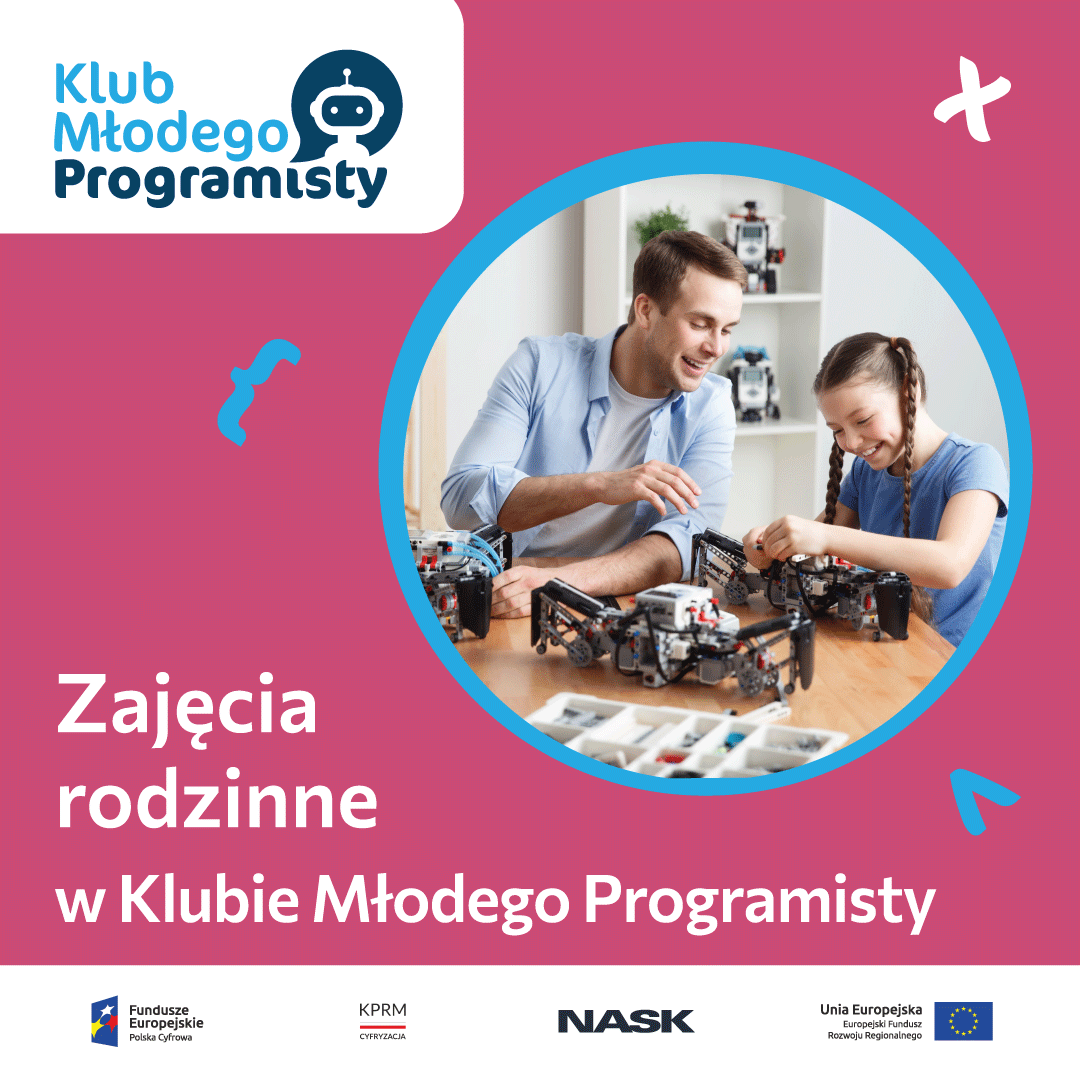 Plakat promujący warsztaty rodzinne w Klubie Młodego Programisty