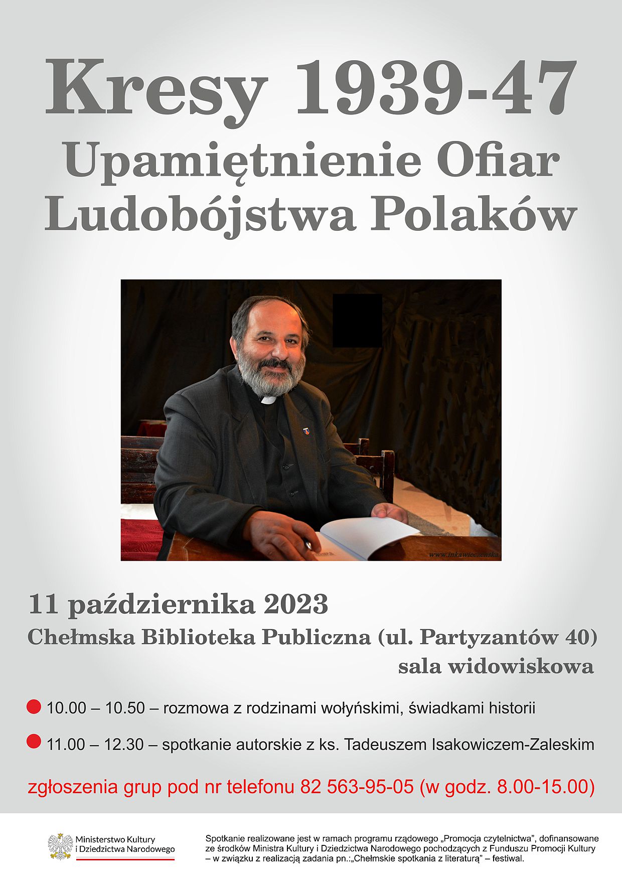 Plakat Upamiętnienie ofiar Ludobójstwa Polaków 11 października 2023 Chełmska Biblioteka Publiczna