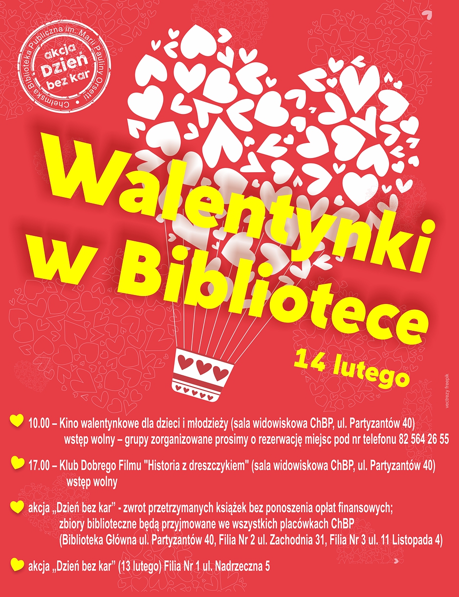 Plakat promujący Walentynki w Bibliotece 14 lutego