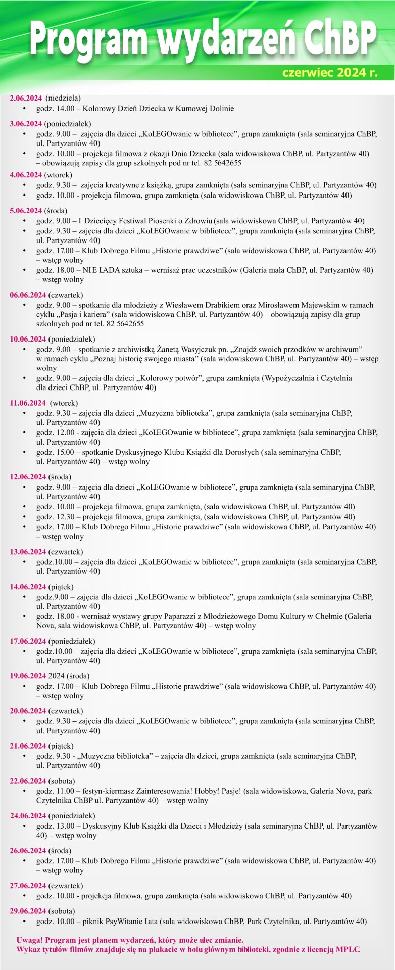 Program wydarzeń czerwiec 2024