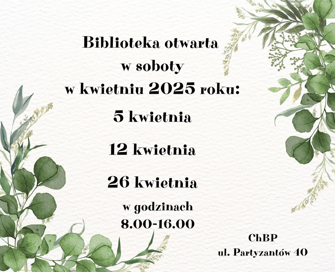 Biblioteka otwarta w soboty w kwietniu 2025 roku