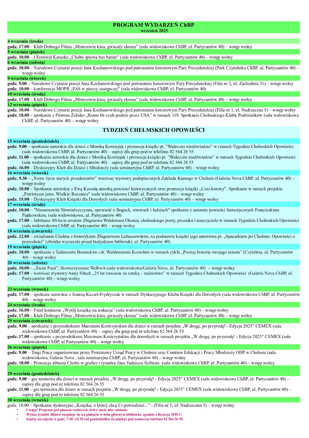 Program wydarzeń wrzesień