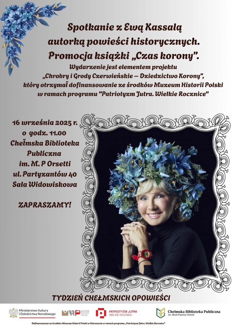 Plakat promujący książkę "Czas korony" ze zdjęciem kobiety w czerni z wiankiem na głowie