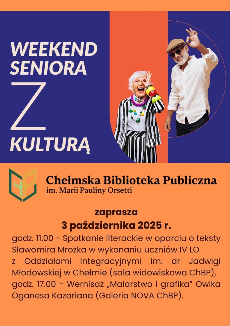 Plakat w barwach pomarańczowo-fioletowych. Para staruszków uśmiech się.