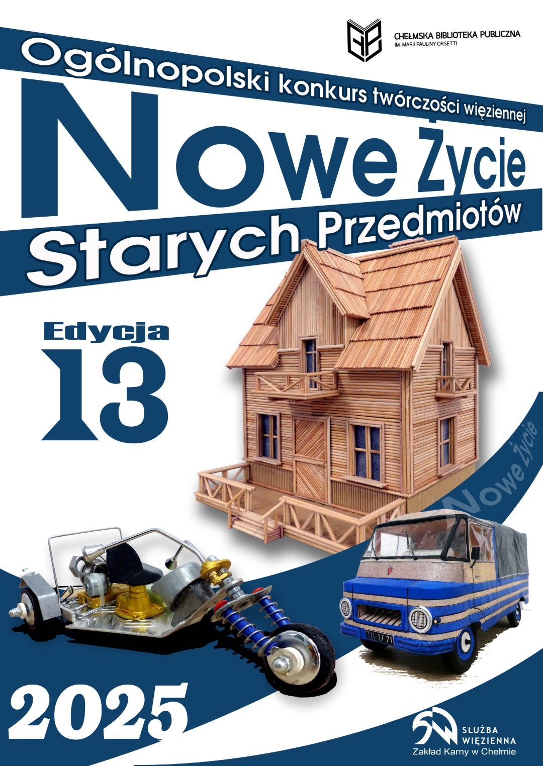 Plakat promujący wystawę, przedstawiający auto, dom