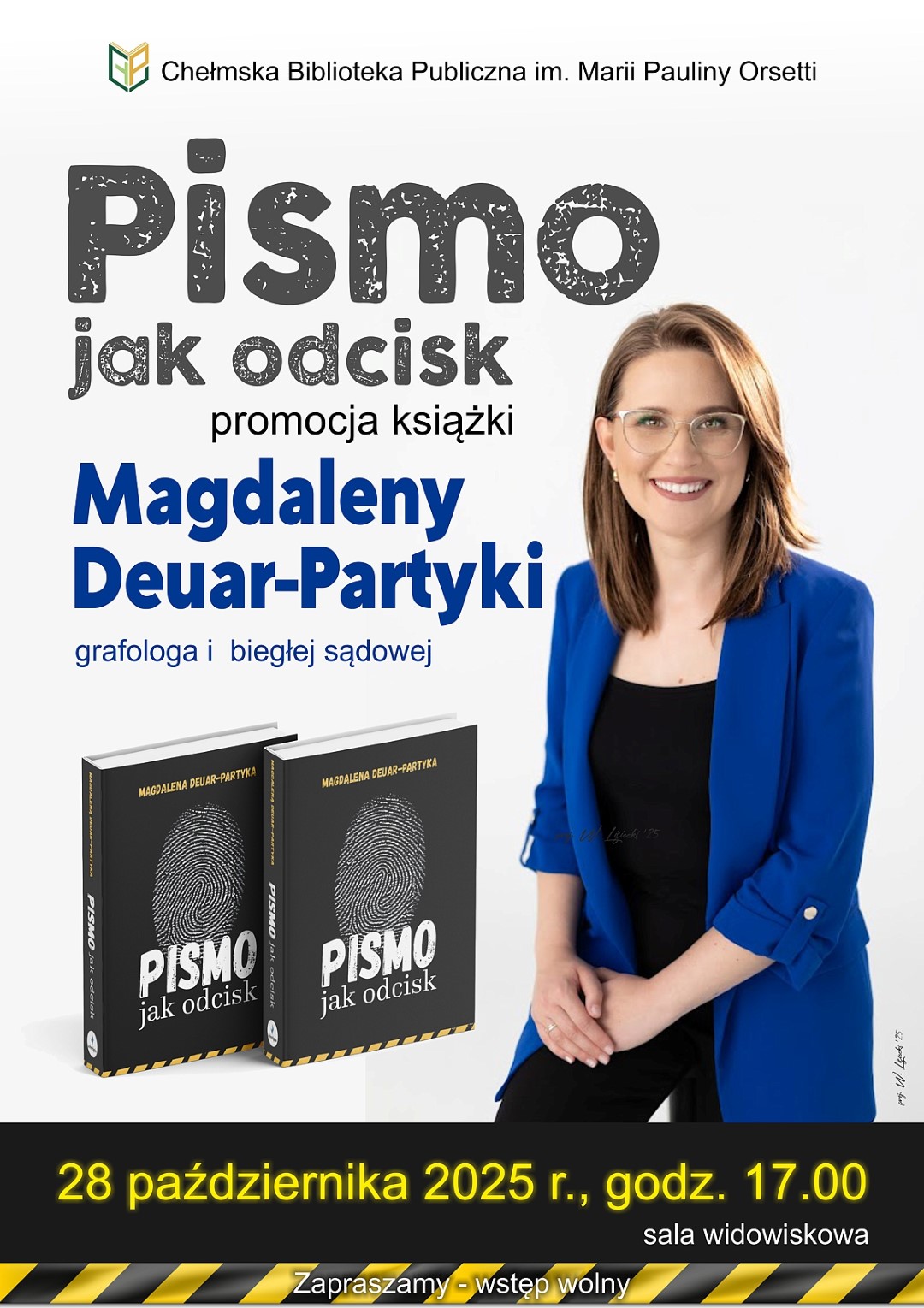 Na plakacie uśmiechnięta kobieta w niebieskiej marynarce, obok dwie książki