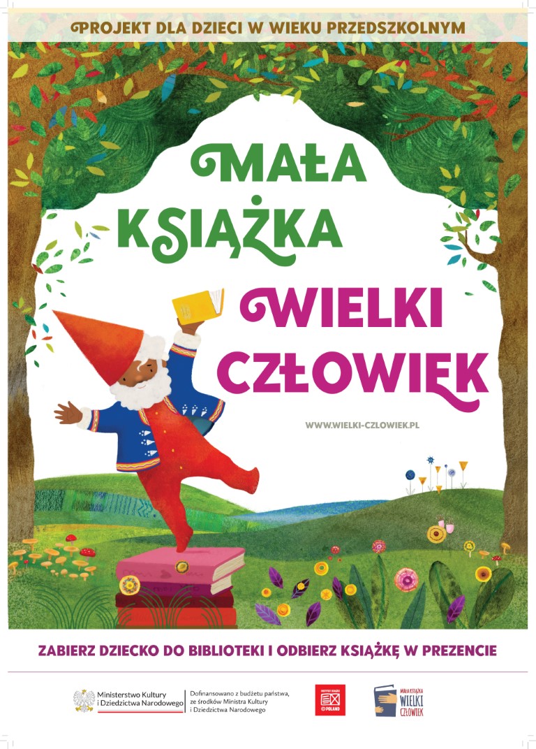 Mała książka - wielki człowiek - plakat z krasnalem stojącym na jednej nodze