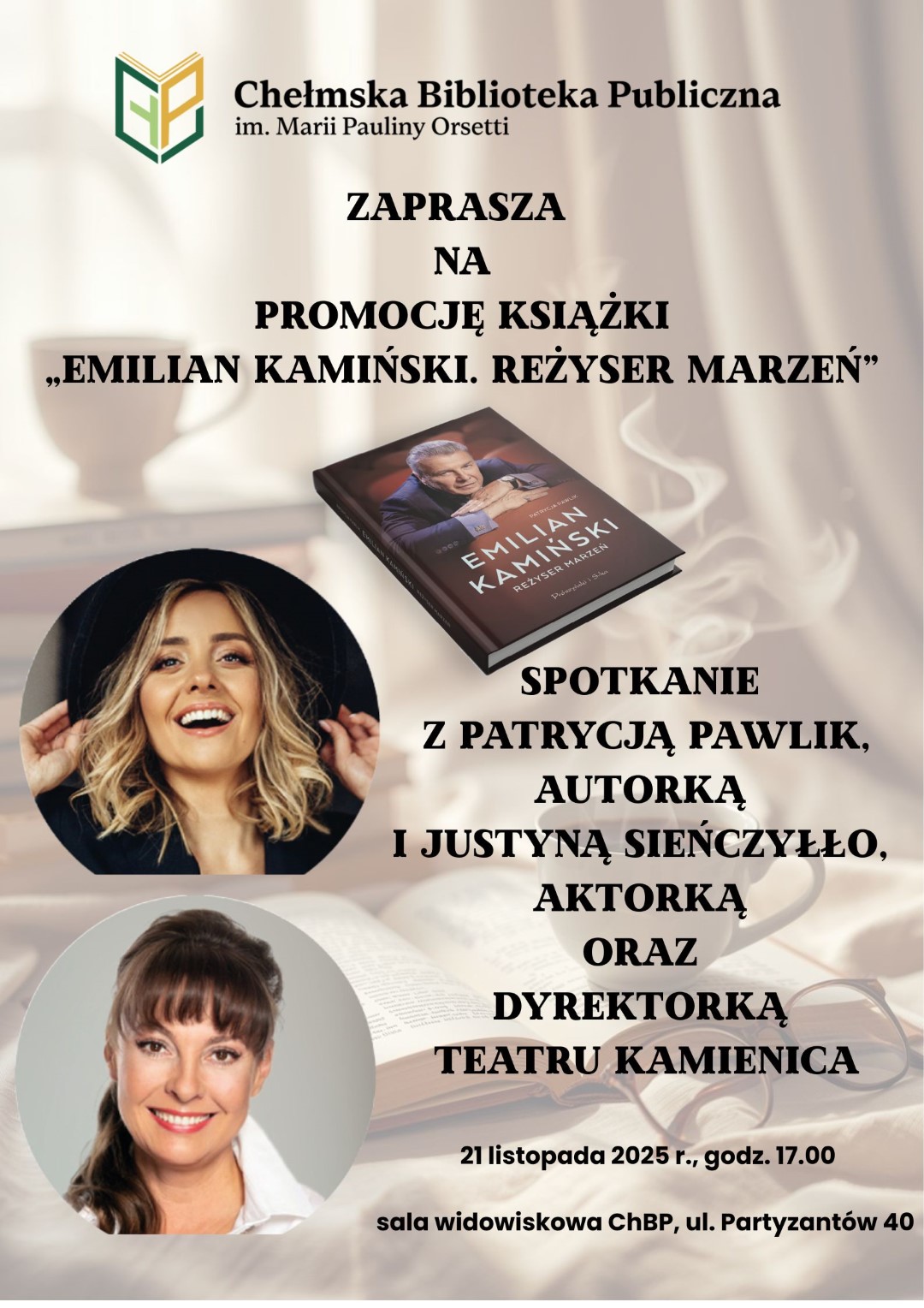 Plakat promujący spotkanie autorskie. Na plakacie oblicza dwóch kobiet, uśmiechających się