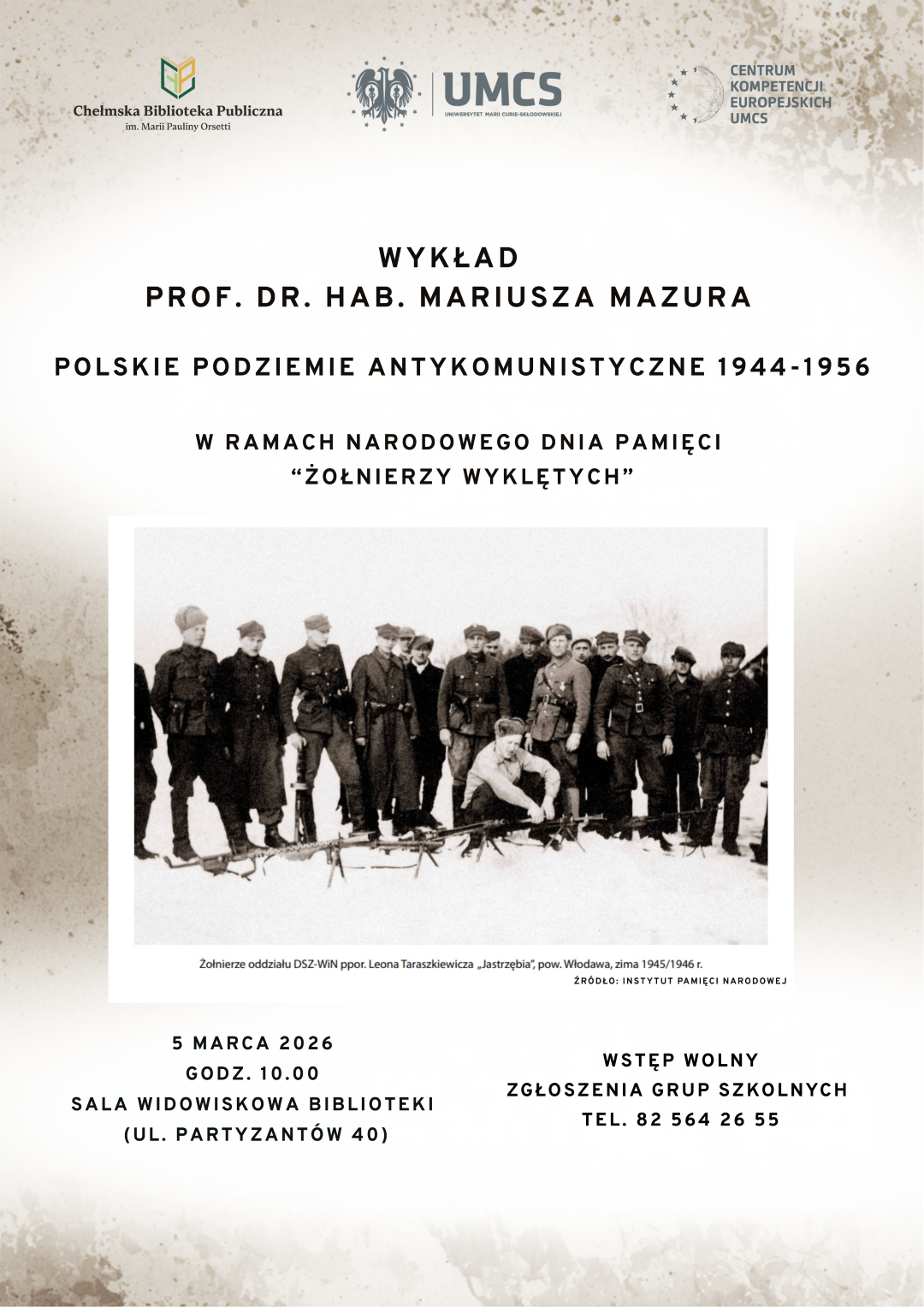 Plakat promujący spotkanie - na ilustracji grupa mężczyzn