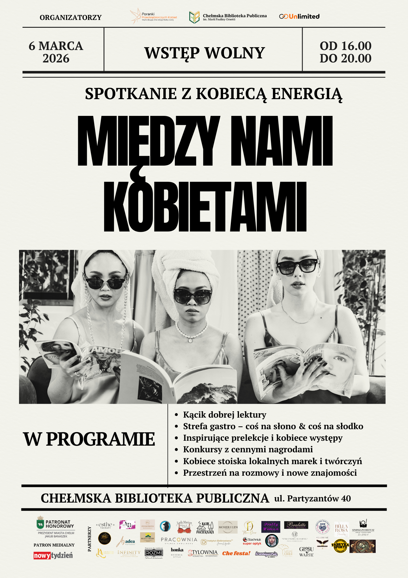 Plakat promujący Dzień kobiet w stylistyce czarno-beżowej, trzy kobiety w okularach