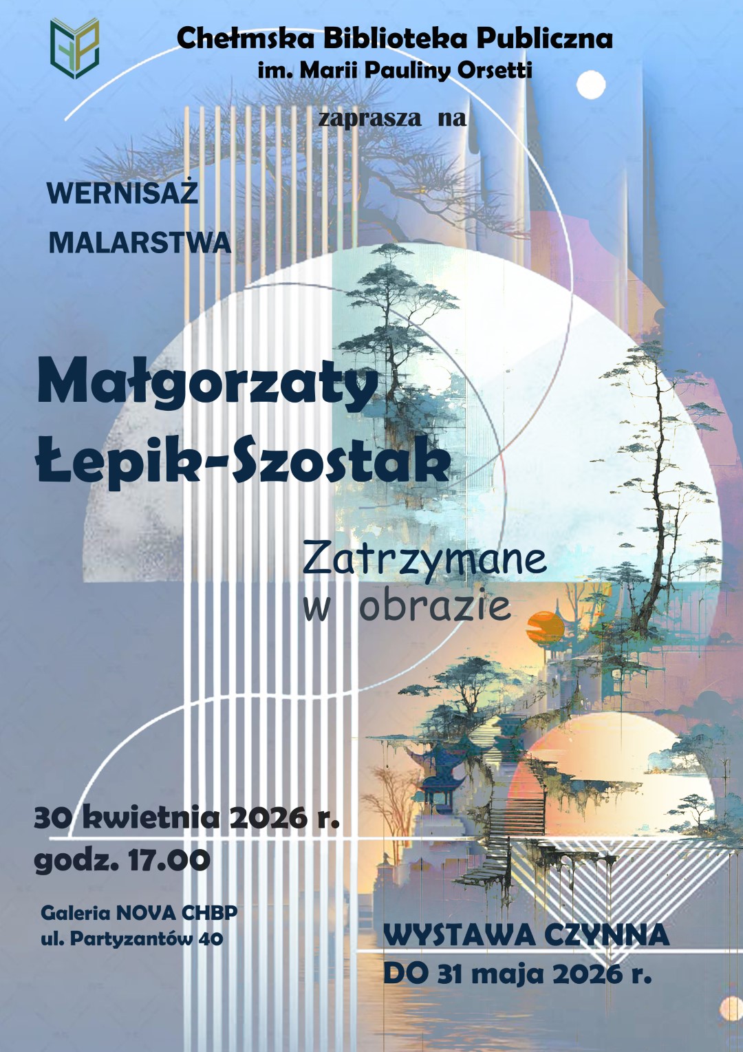 Plakat promujący wernisaż malarstwa w niebieskich barwach